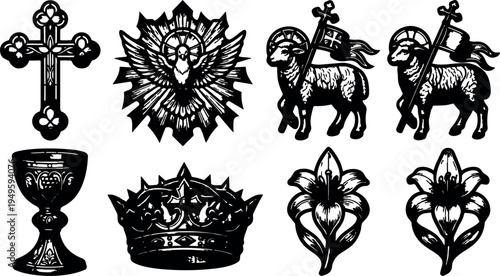 Black silhouette religious symbols including cross dove lamb chalice crown and flower vector art detailed design set