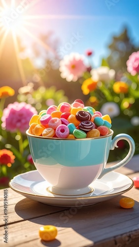 Wallpaper Mural Vibrant Candy-Filled Teacup in a Sunny Garden Setting. Torontodigital.ca