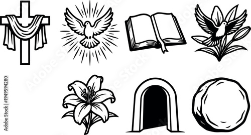 Black and white vector art of resurrection symbols including empty tomb cross with drape open bible lilies doves and stone door gate