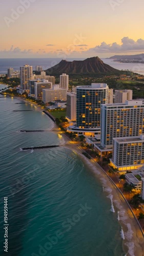 Scenic aerial view of waikiki beach and diamond head at sunrise