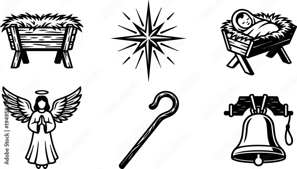 Obraz premium Black and white vector nativity icons featuring manger with baby angel star shepherd crook and bell in simple line art style