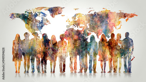 Diverse group of people standing in front of a colorful world map mural, representing global unity and cultural diversity