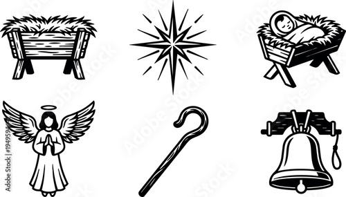 Black and white vector nativity icons featuring manger with baby angel star shepherd crook and bell in simple line art style