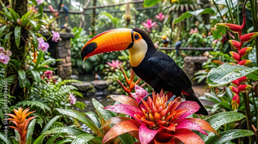 Naklejka premium A vibrant toucan perched amidst a colorful floral scene