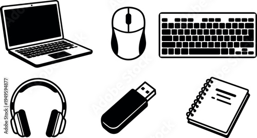 Black and white vector icons set featuring laptop mouse keyboard headphones usb flash drive and spiral notebook
