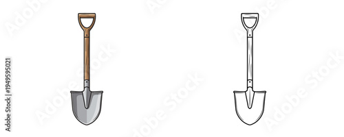 Doodle garden shovel illustrations in flat color and linear styles on white background representing manual digging equipment for landscaping or agriculture work