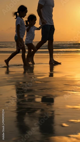 Silhouette of father walking with daughters on beach at sunset