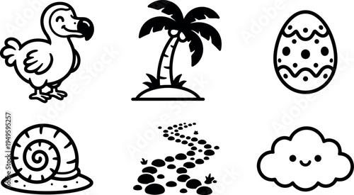 Black and white line art icons set including dodo bird palm tree decorated egg spiral shell dotted path and smiling cloud