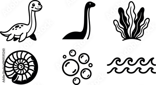 Cute smiling plesiosaurus dinosaur with bubbles waves ammonite shell and seaweed vector icons in black and white flat design style
