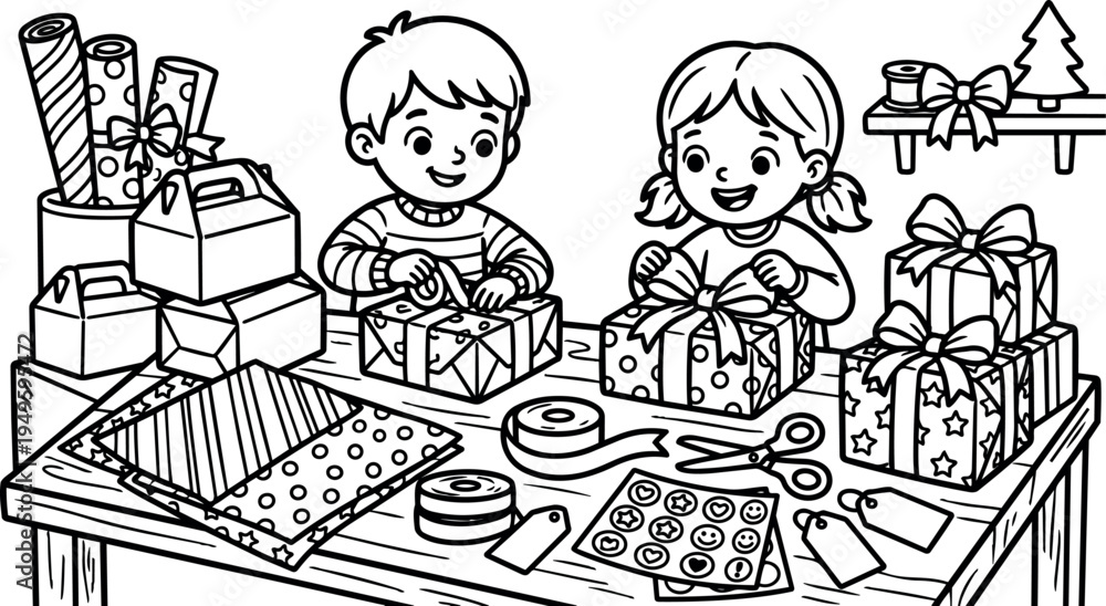 Obraz premium Black and white line art children wrapping christmas gifts at wooden table with scissors tape and gift tags
