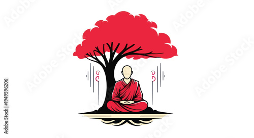 Meditating figure under vibrant red tree