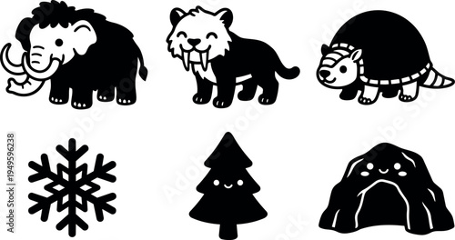 Cute black and white cartoon style mammoth sabertooth armadillo snowflake tree and cave icons set with smiling faces
