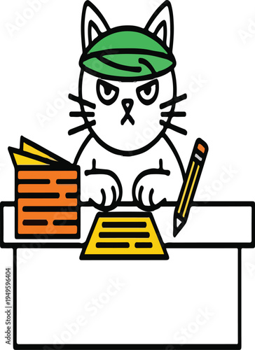 angry cat sitting at desk writing.