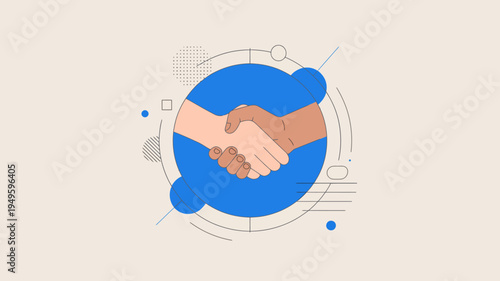 A digital illustration depicts two hands of different skin tones clasped in a firm handshake symbolizing agreement and partnership high quality professional detailed modern elegant stylish