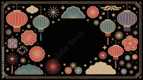 An ornate dark background features colorful chinese lanterns clouds and floral designs arranged in a decorative symmetrical frame high quality professional detailed modern elegant stylish clean