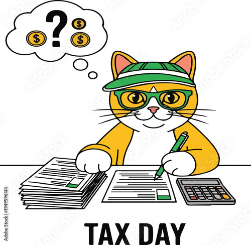 Cartoon cat working on taxes.