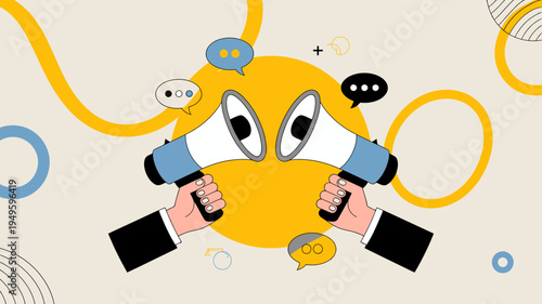 Two blue megaphones are prominently displayed facing each other with hands holding them against a warm abstract background high quality professional detailed modern elegant stylish clean