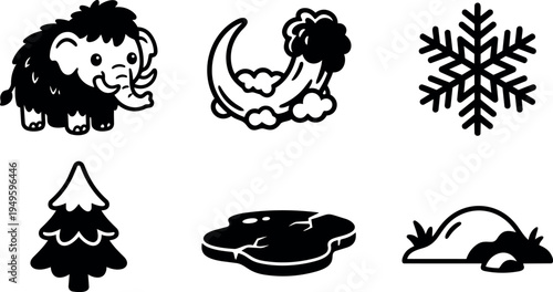 Cute woolly mammoth with tusks cloud puff snowflake pine tree cracked ice ground mound vector icons set