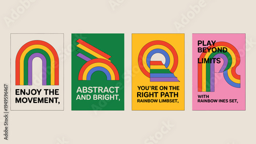 A vibrant collection of four rectangular posters featuring abstract rainbow designs and motivational phrases in bold typography high quality professional detailed modern elegant stylish clean crisp