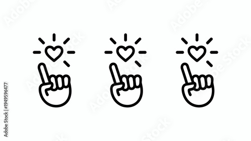 Three line art illustrations depict hands making a heart shape with their fingers symbolizing love affection and positive emotion high quality professional detailed modern elegant stylish