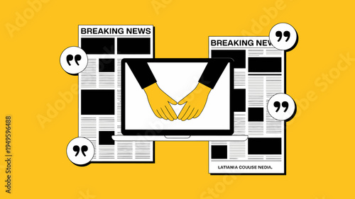 A flat design illustration depicts a laptop surrounded by newspaper clippings with hands forming a heart shape on the screen high quality professional detailed modern elegant