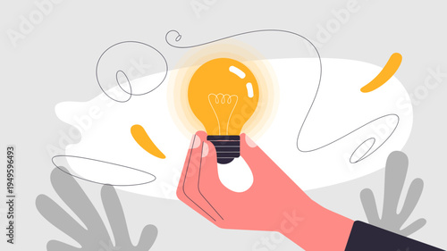 A hand gently holds a glowing lightbulb symbolizing a bright idea or innovation with abstract shapes surrounding it high quality professional detailed modern elegant stylish clean