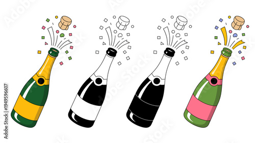 A collection of champagne bottles in various color schemes are shown erupting with confetti and corks celebrating a joyous occasion high quality professional detailed modern elegant