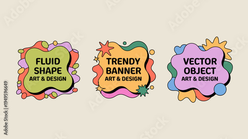 Three colorful abstract banners with fluid shapes and text overlays are displayed against a soft beige background high quality professional detailed modern elegant stylish clean crisp