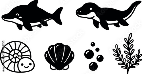 Cute smiling dolphin and whale vector flat design with seashell bubbles and seaweed underwater marine life icons