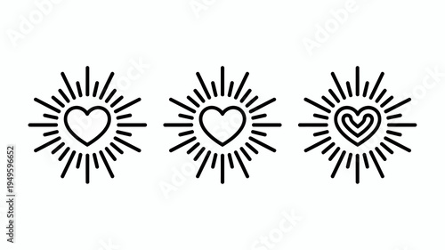 This image displays three black line art designs featuring hearts surrounded by radiating lines symbolizing love and positivity high quality professional detailed modern elegant stylish clean