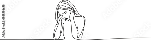 A continuous line drawing of a sad woman with her head down, leaning on her hands.