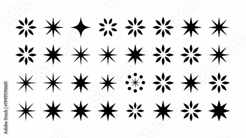 A collection of various black starburst shapes are arranged on a white background demonstrating different point counts and designs high quality professional detailed modern elegant stylish