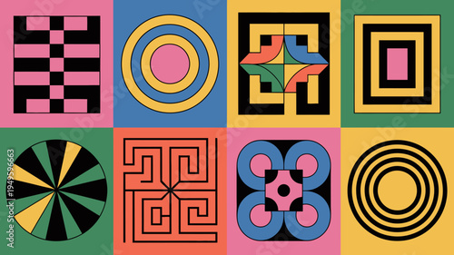 A vibrant grid of nine abstract geometric patterns fills the frame utilizing bold colors and simple shapes for a modern design high quality professional detailed elegant