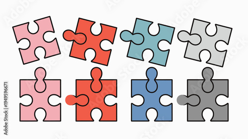 An arrangement of colorful puzzle pieces is displayed against a white backdrop showcasing various shapes and interlocking potential high quality professional detailed modern elegant stylish clean