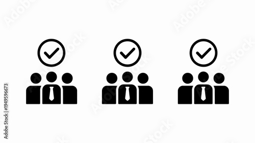 A series of three identical icons depicts groups of people with checkmarks inside circles signifying completion or approval high quality professional detailed modern elegant stylish clean