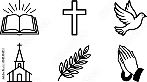 Black line style religious icons set including open holy bible cross flying dove church building olive branch and praying hands