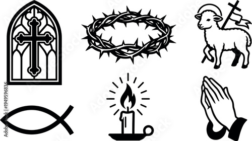 Minimalist black and white vector set of christian symbols with cross window fish candle praying hands lamb and crown of thorns illustration