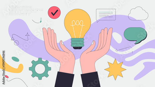Hands are shown cradling a glowing lightbulb symbolizing a new idea or innovation surrounded by creative elements high quality professional detailed modern elegant stylish clean crisp
