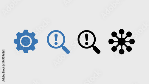A series of four flat design icons are displayed against a light gray backdrop representing settings alerts and networks high quality professional detailed modern elegant stylish