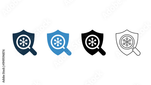 Four variations of a shield icon with a magnifying glass element inside displaying differing color schemes and outlines high quality professional detailed modern elegant stylish clean