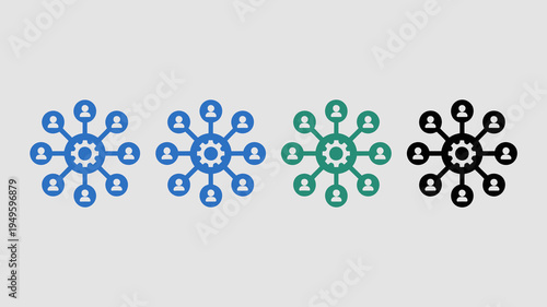 Four variations of a network diagram are shown each with a central gear and surrounding person icons in blue teal green and black high quality professional