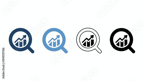 A set of four magnifying glass icons each displaying a graph in varying shades of blue and black and white high quality professional detailed modern elegant