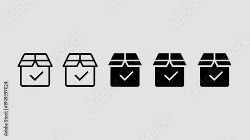 A series of five simple black line art icons depicting cardboard boxes with checkmarks inside progressing in shade high quality professional detailed modern elegant stylish clean