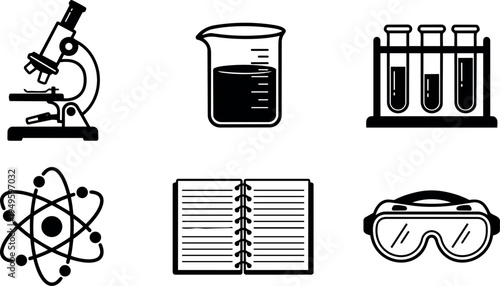Minimalist black and white vector icons laboratory microscope beaker test tubes atomic structure open notebook protective goggles set