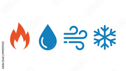 A simple graphic displays four elemental icons fire water air and ice each represented by a distinct colorful symbol high quality professional detailed modern elegant stylish