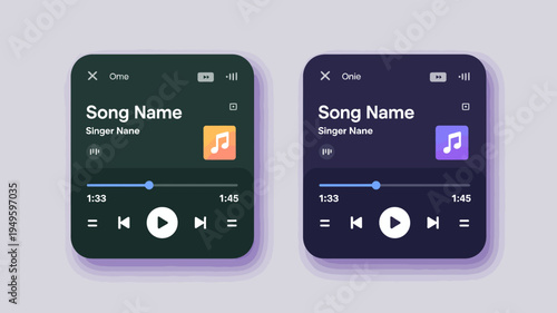 Two mockups of a music player interface are displayed showcasing different color schemes with song details and playback controls high quality professional detailed modern elegant stylish