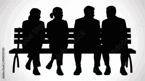 A black silhouette depicts four people seated on a park bench facing forward suggesting contemplation or a shared moment high quality professional detailed modern elegant stylish