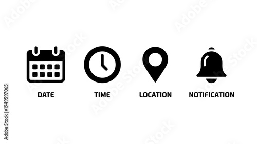 A series of four minimalist black icons representing a calendar clock location pin and bell high quality professional detailed modern elegant stylish clean crisp vibrant colorful