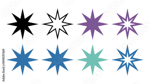 An arrangement of eight colorful pointed starburst shapes is displayed against a clean white background showcasing varying hues and designs high quality professional detailed modern elegant