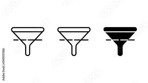 Three variations of a funnel icon are displayed showcasing different line weights and fill styles providing a visual range of designs high quality professional detailed modern